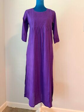 Purple Cotton Kurti Tunic Dress Pintuck Front Side Slits 3/4 Sleeve